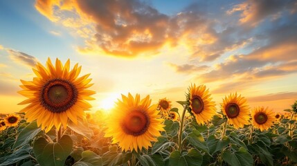 Poster - A tranquil sunset over a sunflower field, with the sky painted in warm hues that complement the golden petals, creating a peaceful and picturesque scene
