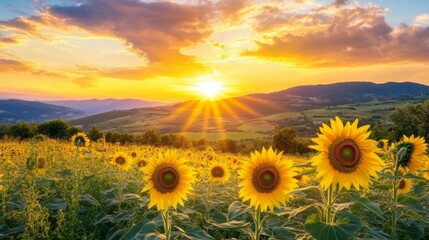 Poster - A tranquil sunset over a sunflower field, with the sky painted in warm hues that complement the golden petals, creating a peaceful and picturesque scene