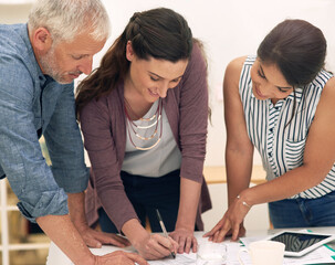Poster - Writing, budget and people with documents checklist, teamwork and renovation planning. Startup, administration or designers with logistics paperwork, discussion or project strategy cost in meeting