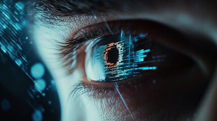 Poster - Digital Eye Human Iris Technology Futuristic Closeup Abstract Binary Code Data Stream Network Modern Graphic Design Element High Resolution Image blue