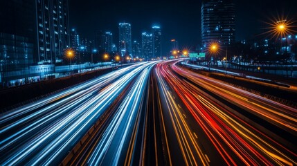 Aufkleber - Busy highway at night with long exposure light trails from vehicles, capturing the dynamic energy of urban transportation and movement