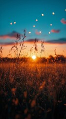 Canvas Print - Grass Silhouettes Against a Colorful Sunset With Blurred Bokeh Lights in the Background