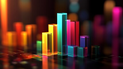 Poster - Colorful D bar graph with glowing edges and subtle reflections, floating on a dark background, highlighting an advanced data visualization theme