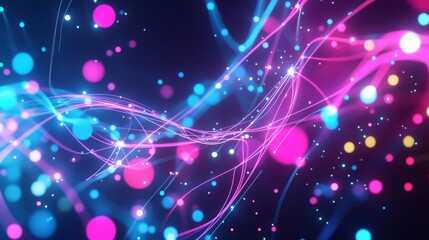 Poster - Digital abstract composition with a network of colored lines and dots on a dark background, representing data flow and connectivity