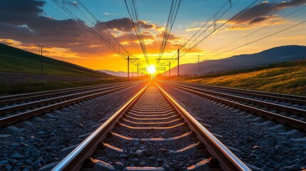 Poster - Electric train tracks stretching into a vibrant sunrise, rails glistening in the morning light, representing the journey and progress of clean transport