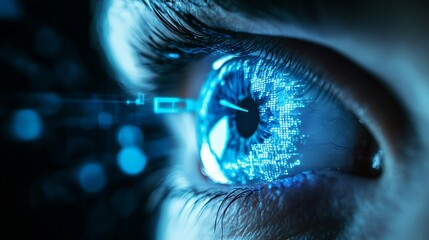 Poster - digital eye closeup futuristic technology abstract blue glowing iris detailed vision human eye macro