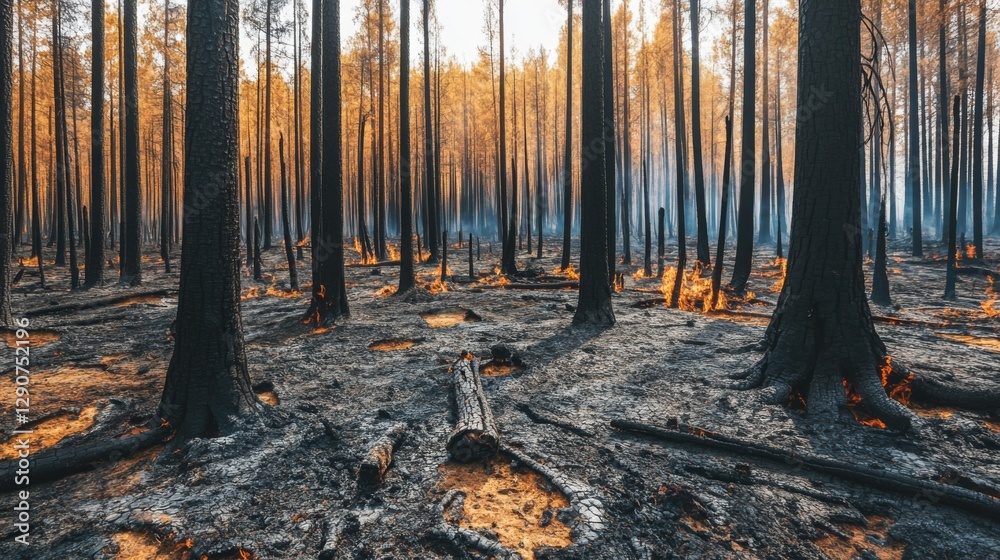 Scorched forest floor with burnt, blackened tree trunks after a ...