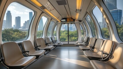 Poster - Row of empty seats inside a modern electric train, with large windows offering a panoramic view of the city passing by