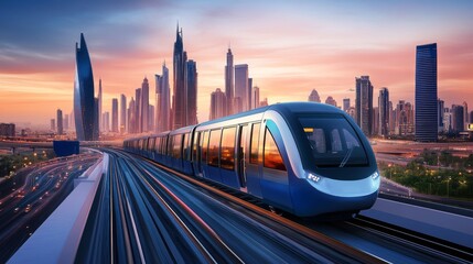 Fototapete - Sleek electric train gliding through an urban skyline at sunset, with city lights starting to glow, showcasing modern transportation in a vibrant cityscape