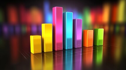 Aufkleber - Vibrant D bar graph with colorful bars in various heights on a reflective surface, casting soft shadows, showcasing data analysis in a modern style