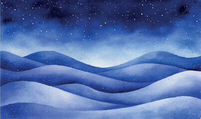 watercolor background space, night sky with stars, hills