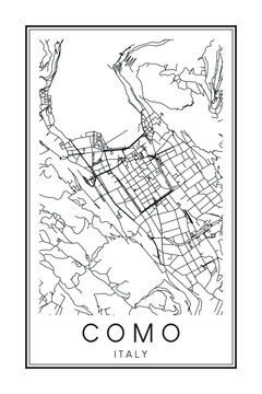 Printable downtown road map poster of the Italian city of COMO on solid white background with city name