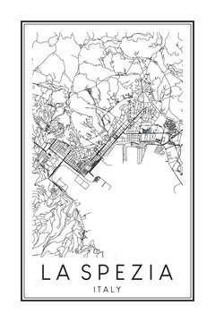 Printable downtown road map poster of the Italian city of LA SPEZIA on solid white background with city name