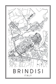 Printable downtown road map poster of the Italian city of BRINDISI on solid white background with city name