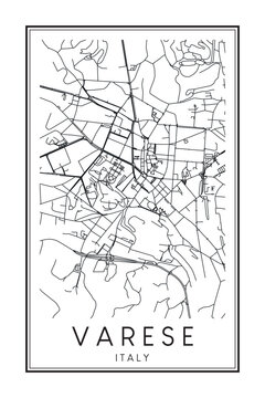 Printable downtown road map poster of the Italian city of VARESE on solid white background with city name