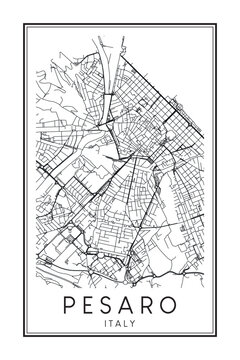 Printable downtown road map poster of the Italian city of PESARO on solid white background with city name