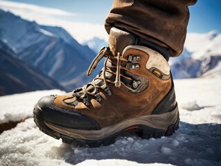 close up of the hiking boots of a person hiking up a high altitude mountain in tibet, nepal, central