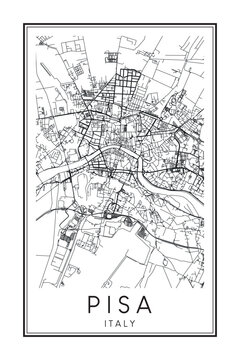 Printable downtown road map poster of the Italian city of PISA on solid white background with city name