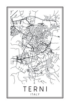 Printable downtown road map poster of the Italian city of TERNI on solid white background with city name