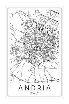 Printable downtown road map poster of the Italian city of ANDRIA on solid white background with city name