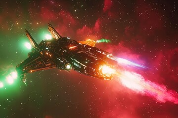 Wall Mural - The spaceship of the future is modern, glowing, flying through a nebula illuminated by multi-colored light
