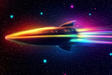 Wall Mural - The spaceship of the future is modern, glowing, flying through a nebula illuminated by multi-colored light