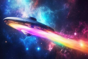 Wall Mural - A glowing spaceship flying through a nebula illuminated by multi-colored light