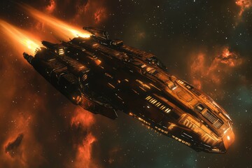 Wall Mural - The spaceship of the future is modern, glowing, flying through a nebula illuminated by multi-colored light