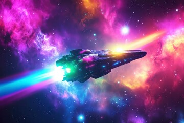 Wall Mural - The spaceship of the future is modern, glowing, flying through a nebula illuminated by multi-colored light