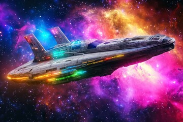 Wall Mural - The spaceship of the future is modern, glowing, flying through a nebula illuminated by multi-colored light