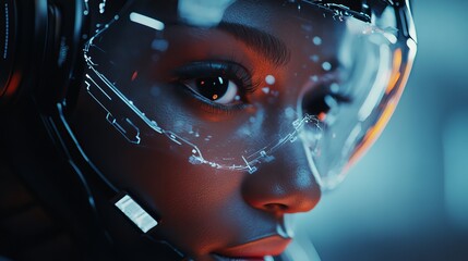 Poster - Futuristic Woman Digital Art Cyberpunk Style Neon Lights Glowing Face Closeup Portrait Virtual Reality Headset Sci Fi Technology Abstract Background  