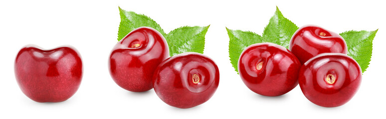 Wall Mural - red cherry fruits with green leaf isolated on white background. clipping path