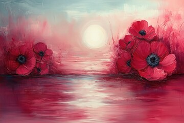 Wall Mural - Vibrant sunset illuminating a field of red poppies, creating a serene and colorful landscape.