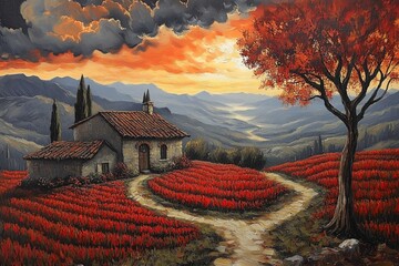 Wall Mural - Vibrant sunset illuminating a floral field with red flowers, a rustic house, and dramatic clouds in the background.