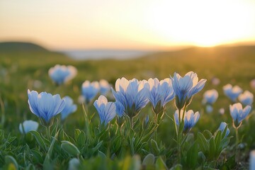 Wall Mural - beautiful sunset illuminating a field of delicate blue flowers, creating a serene and tranquil atmos