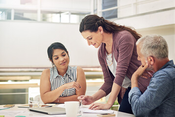 Poster - Architecture, meeting and people brainstorming with paperwork, teamwork and renovation planning. Women, mature man and designers with engineering mentor, collaboration or remodeling project in office