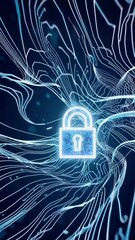 Poster - Digital lock symbol amidst flowing cybernetic waves highlighting network security