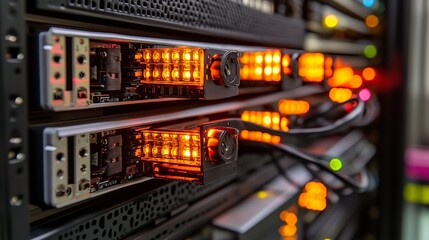 Poster - High Performance Server Rack Lights Illuminated Data Center Technology Powerful Network Orange Glowing Modern Equipment Digital Infrastructure        