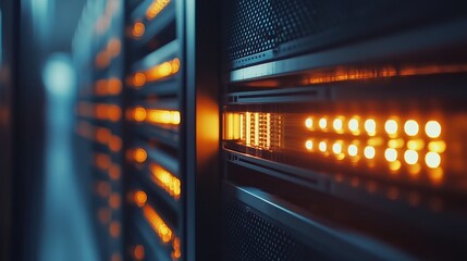 Poster - Abstract Technology Server Room Interior Design Bright Orange Lights Digital Data Center Network Powerful Technology Infrastructure Modern Server Rack