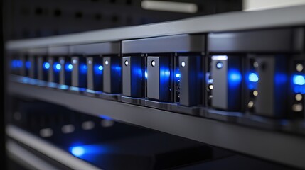 Poster - Modern Data Center Server Rack Powerful Technology Blue Lights Illuminated Network Storage High Performance Computing Infrastructure Digital          