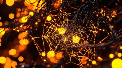 Glowing spiderweb at night, autumn bokeh background; Halloween, nature