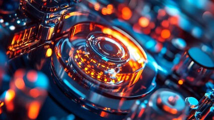 Poster - Abstract Futuristic Technology Background Orange Blue Glowing Chrome Metal Digital Art Design Modern Industrial Shiny Reflective Circular Pattern High