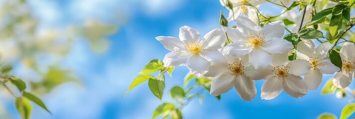 Canvas Print - White Wild Roses with Yellow Centers, Fresh Green Leaves, Unopened Buds Against Clear Blue Sky