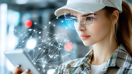 Poster - Exploring technological innovation young woman engaged with smartphone urban environment digital interaction futuristic concept
