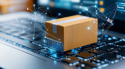 Poster - E-commerce package delivery digital workspace graphic design modern technology aerial view digital transformation