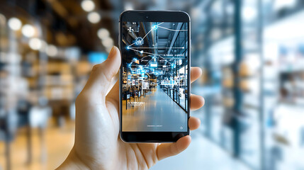 Poster - Hand holding smartphone modern store interior digital experience retail environment close-up view technology integration