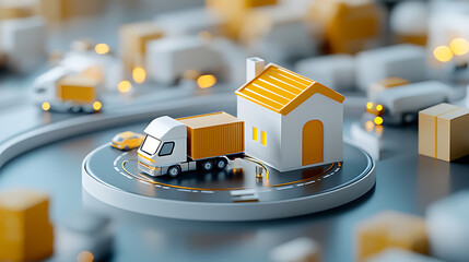 Poster - Logistics operations with trucks and houses urban setting 3d model digital environment aerial view supply chain concept
