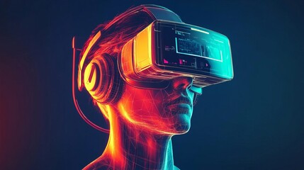 Poster - Futuristic Virtual Reality Headset User Immersive Digital Experience Red Blue Neon Lights Metaverse Technology Innovation Modern Design Wireframe     