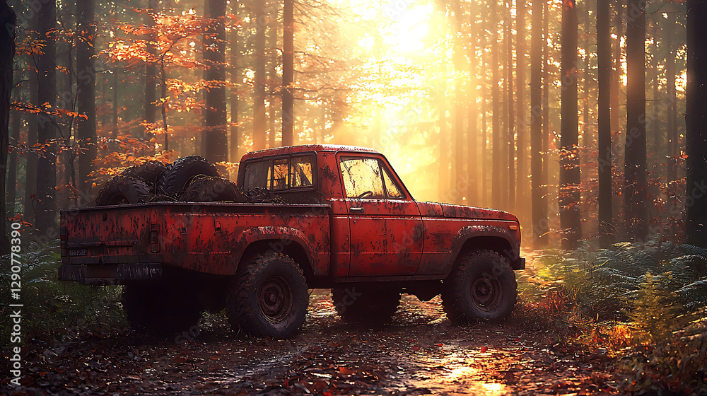 Rustic Pick Up Rustic red pickup truck, laden with tires, bathed in golden forest ...