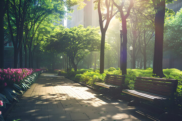 Park in city in sun day. Garden and greenery with bench. Urban nature, green, health environment for walking, resting and relaxing